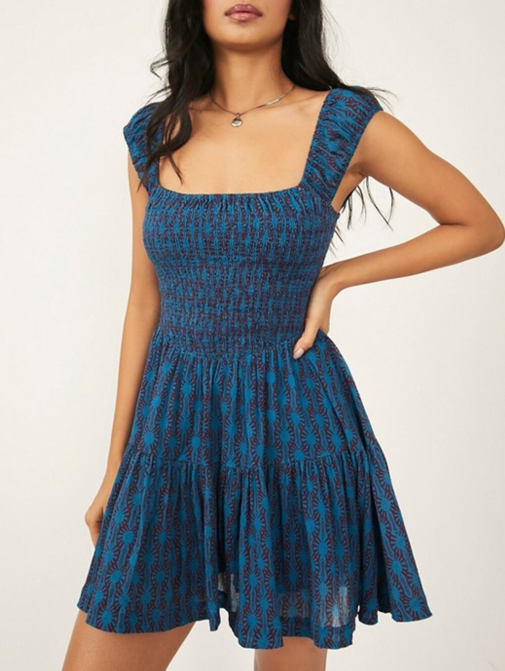 Free People Sweet Annie Blue Printed Square Neck Smocked Tiered Mini Dress